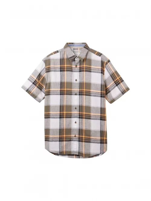 Chemise Manches Courtes Sport Lin Coton Carreau Kaki Moyen