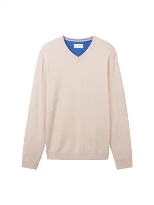 Pull Col V Coton V Uni Beige Clair