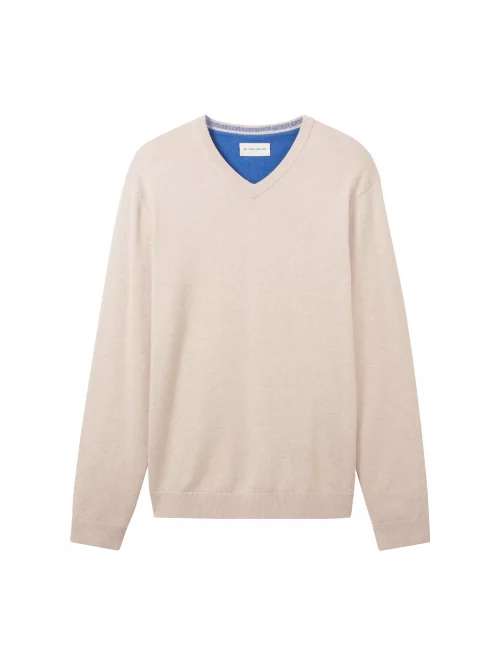 Pull Col V Coton V Uni Beige Clair