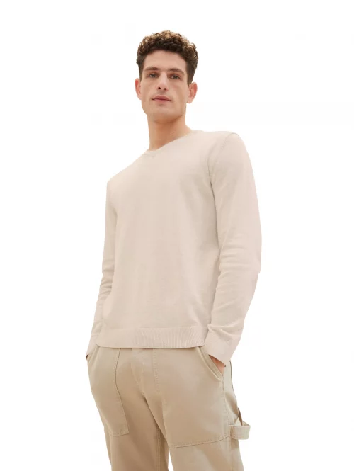 Pull Col V Coton V Uni Beige Clair – Image 2