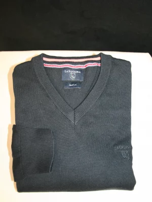 Pull Col V Coton V Uni Bleu Fonce