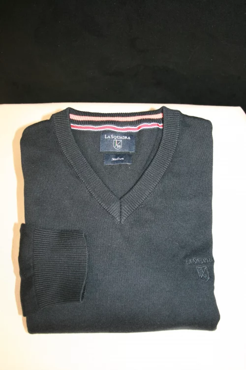 Pull Col V Coton V Uni Bleu Fonce