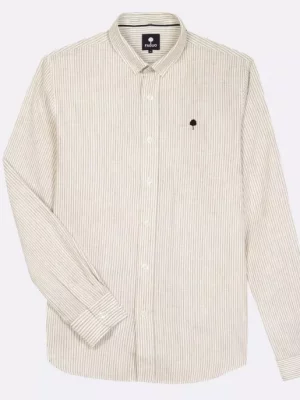 Chemise Manches Longues Sport Rayure Coton Lin Beige Moyen