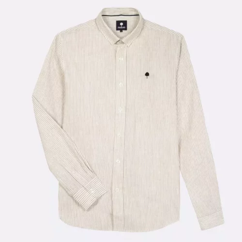 Chemise Manches Longues Sport Rayure Coton Lin Beige Moyen
