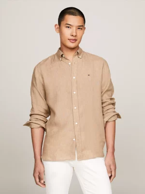 Chemise Manches Longues Sport Lin Uni Beige Moyen