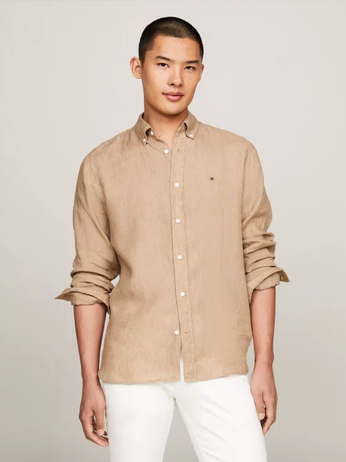 Chemise Manches Longues Sport Lin Uni Beige Moyen