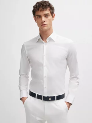 Chemise Manches Longues Ville Twill Uni Avec Opposition Blanc