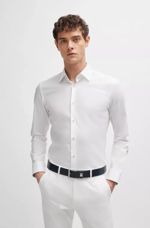 Chemise Manches Longues Ville Twill Uni Avec Opposition Blanc