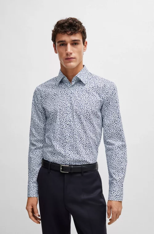 Chemise Manches Longues Ville Imprime Fleurs Bleu Moyen