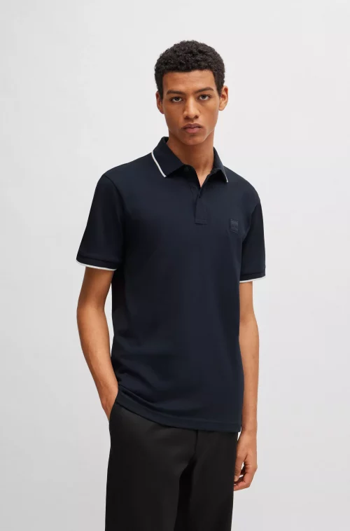 Polo Manches Courtes Rayure Col Bleu Fonce