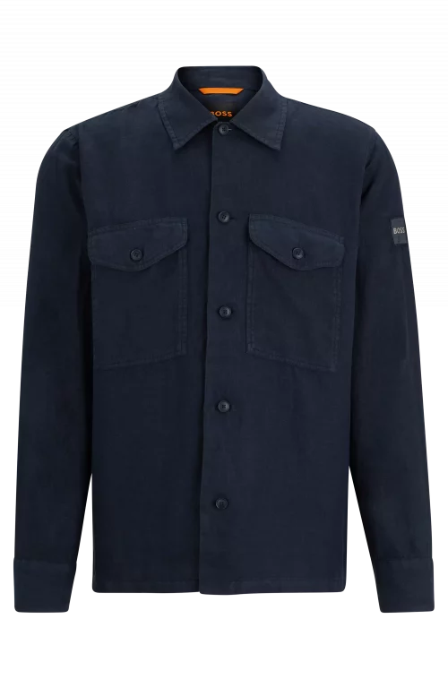 Chemise Manches Longues Ville Surchemise Lin Bleu Fonce