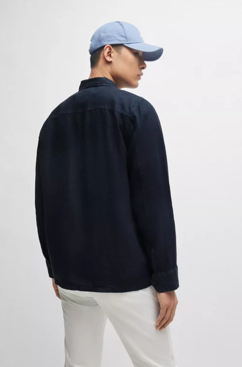Chemise Manches Longues Ville Surchemise Lin Bleu Fonce – Image 3