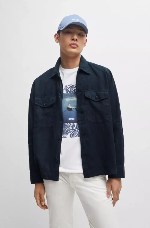 Chemise Manches Longues Ville Surchemise Lin Bleu Fonce – Image 4