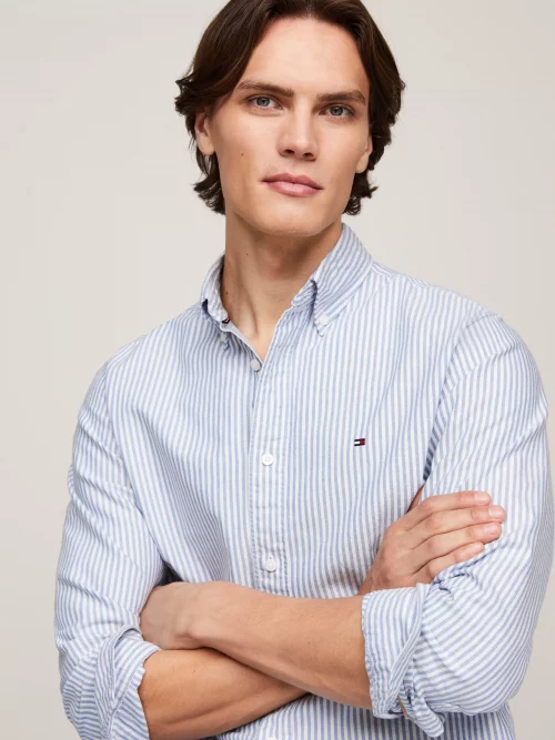Chemise Manches Longues Sport Oxford Rayure Baton Bleu Clair – Image 3