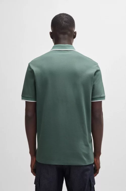 Polo Manches Courtes Piquue Rayure Col & Bracelets Vert Moyen – Image 2