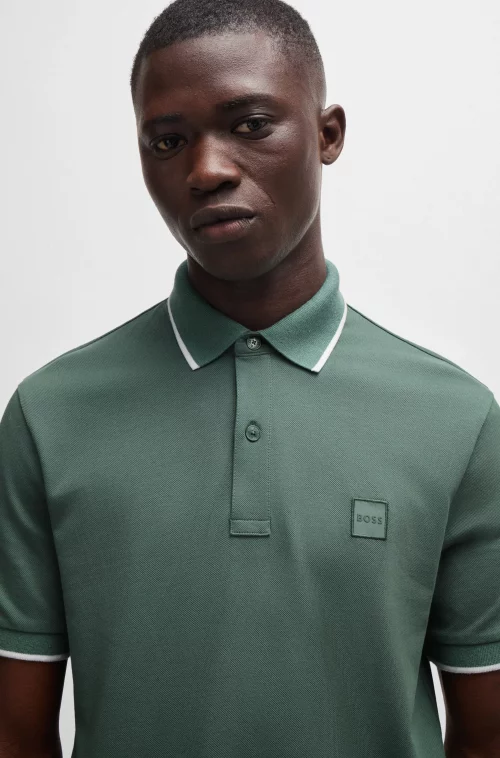 Polo Manches Courtes Piquue Rayure Col & Bracelets Vert Moyen – Image 3