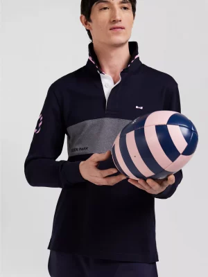 Polo Manches Longues Bande Contraste Bleu Fonce