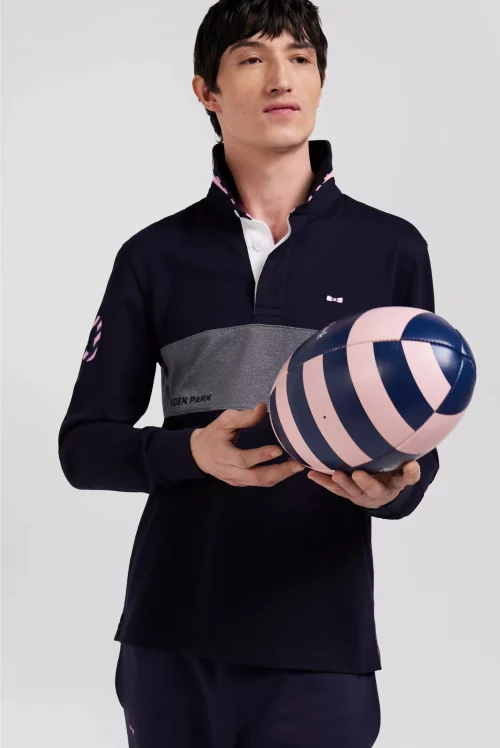 Polo Manches Longues Bande Contraste Bleu Fonce