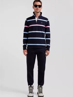 Polo Manches Longues Fine Rayure Broderie Dos Bleu Fonce