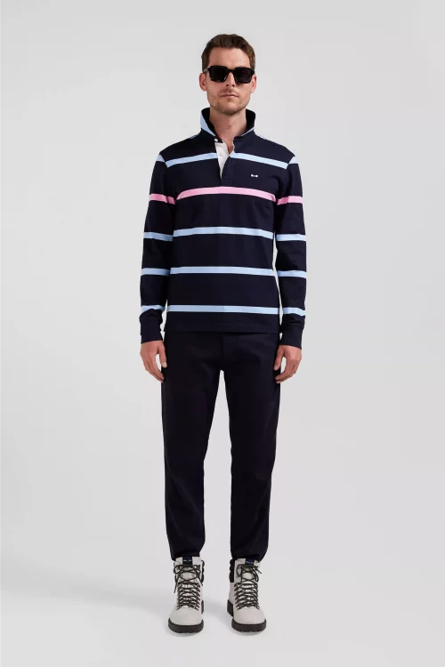 Polo Manches Longues Fine Rayure Broderie Dos Bleu Fonce