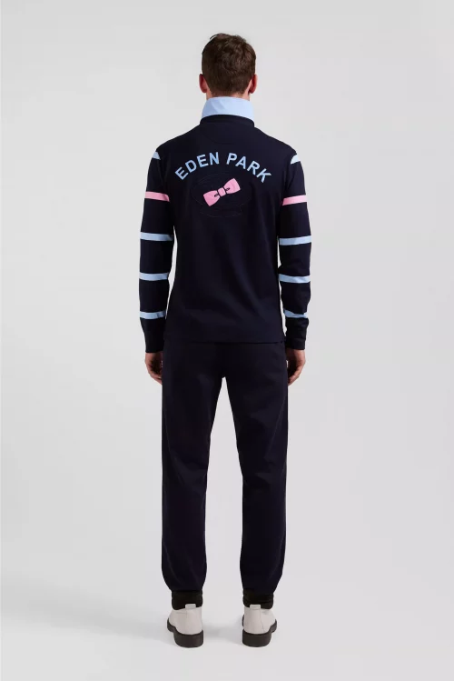 Polo Manches Longues Fine Rayure Broderie Dos Bleu Fonce – Image 2