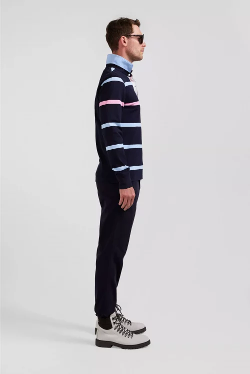 Polo Manches Longues Fine Rayure Broderie Dos Bleu Fonce – Image 3