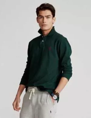 Polo Manches Longues Pique Mesh Slim Vert Fonce