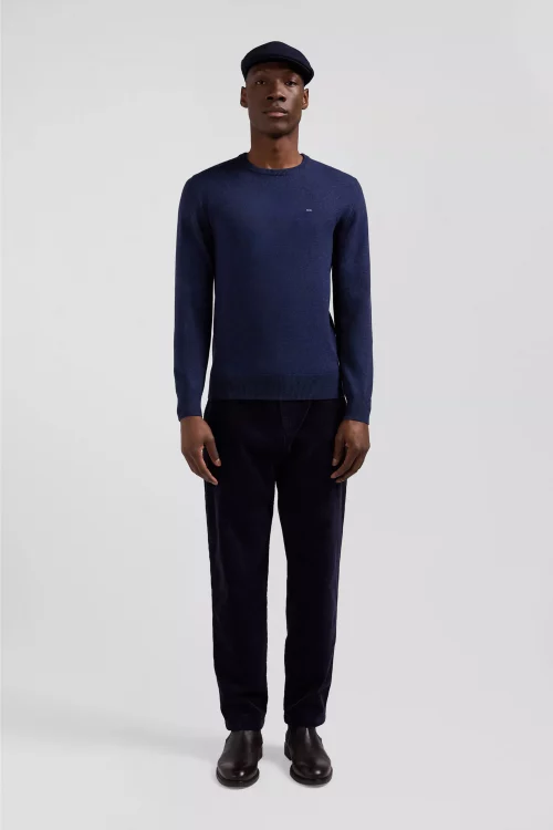Pull Col Rond Laine & Coton Bleu Fonce