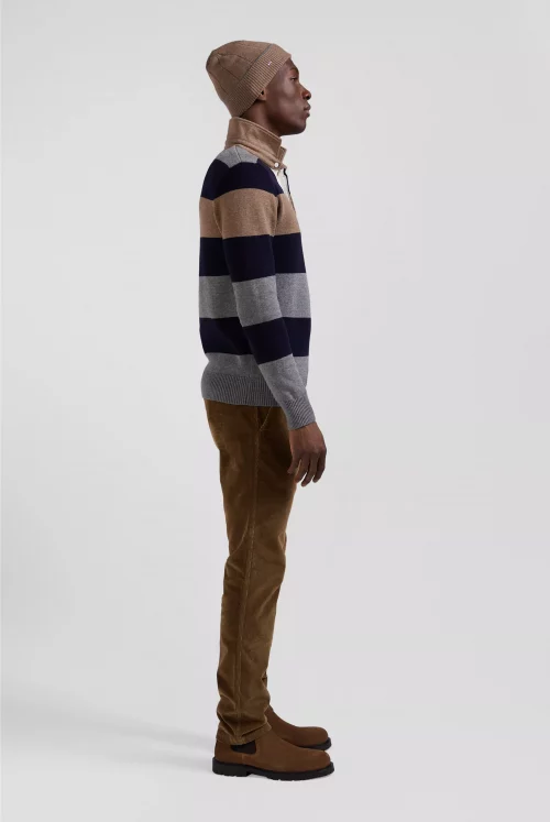 Pull Col Cheminee Col Polo Tricolore Beige Moyen – Image 3