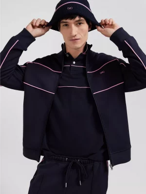 Gilet Manches Longues Molleton Piping Rose Bleu Fonce