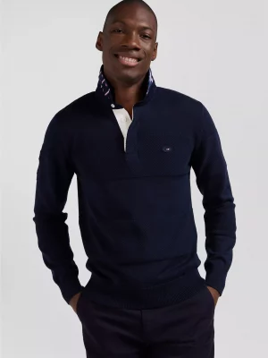 Pull Col Cheminee Col Polo Nid Abeille Bleu Fonce