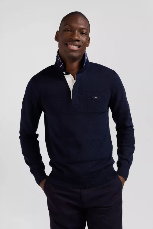 Pull Col Cheminee Col Polo Nid Abeille Bleu Fonce