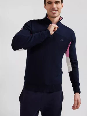 Pull Col Roule Ffr 1/2 Zip Incrustation Rose Bleu Fonce