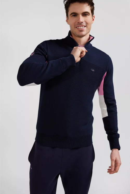 Pull Col Roule Ffr 1/2 Zip Incrustation Rose Bleu Fonce