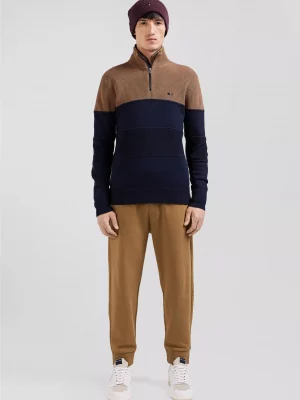 Pull Col Cheminee Bicolore 1/2 Zip Beige Moyen