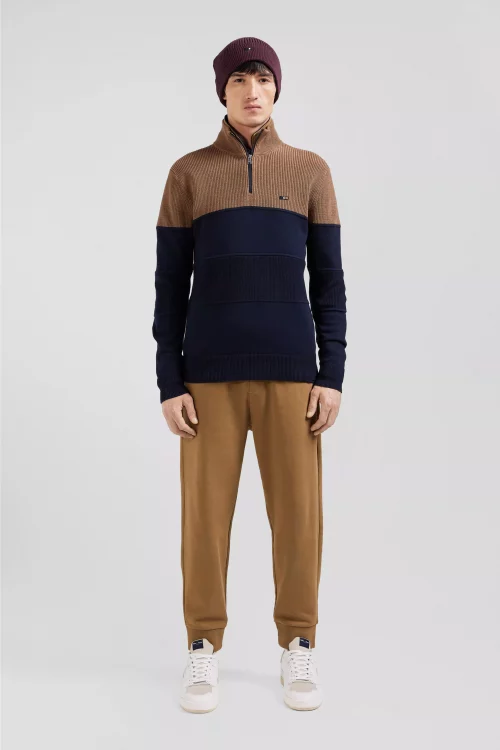 Pull Col Cheminee Bicolore 1/2 Zip Beige Moyen