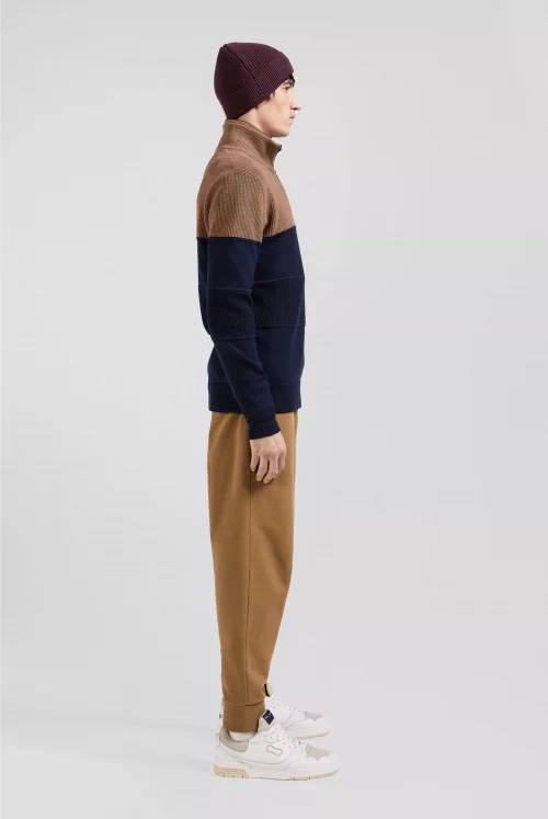Pull Col Cheminee Bicolore 1/2 Zip Beige Moyen – Image 3