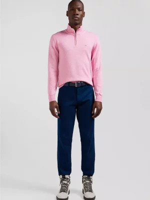Pull Col Cheminee Laine & Coton 1/2 Zip Rose Clair