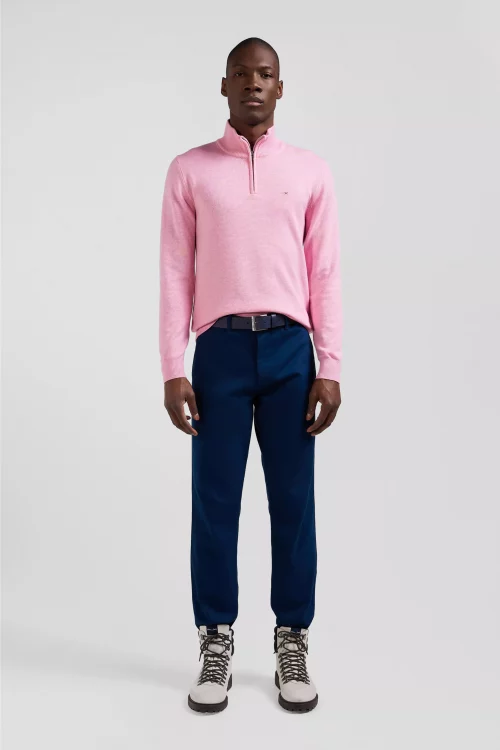 Pull Col Cheminee Laine & Coton 1/2 Zip Rose Clair