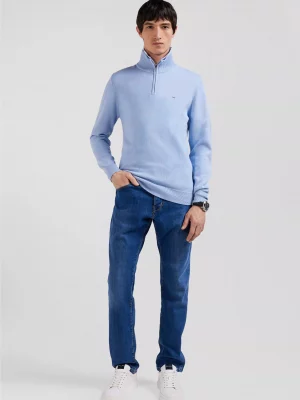 Pull Col Cheminee Laine & Coton 1/2 Zip Bleu Clair
