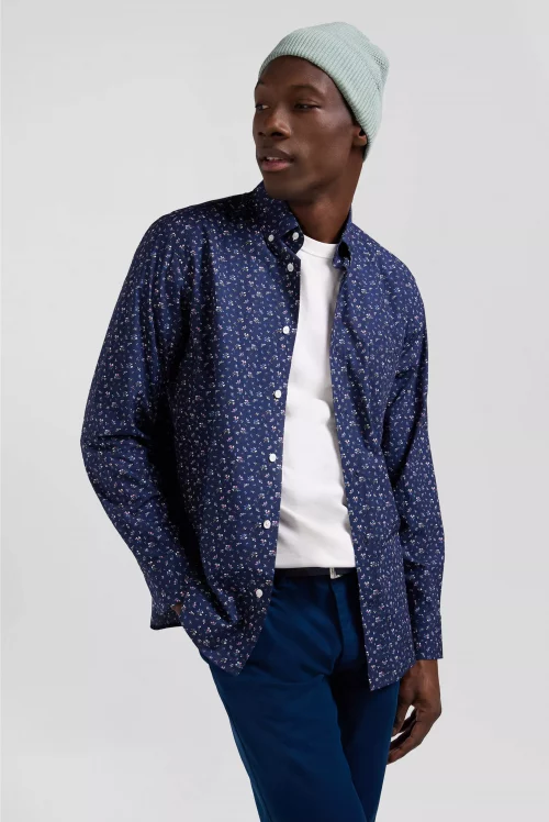 Chemise Manches Longues Sport Imprime Fleurs Bleu Fonce