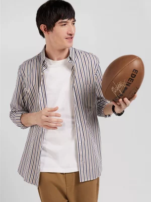Chemise Manches Longues Sport Rayure Baton Bicolore Beige Moyen