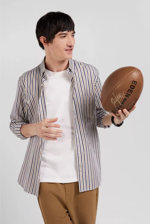 Chemise Manches Longues Sport Rayure Baton Bicolore Beige Moyen