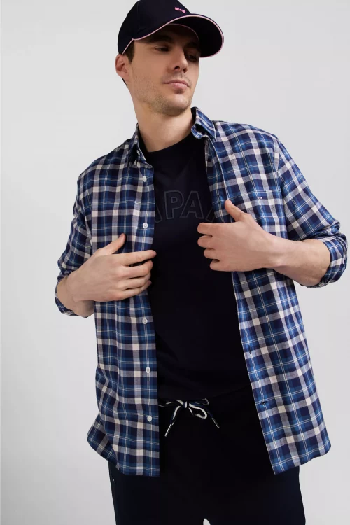 Chemise Manches Longues Sport 111 Carreau Gratte Bleu Moyen
