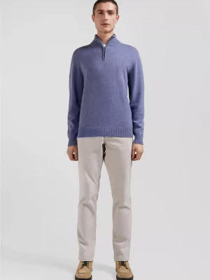 Pull Col Cheminee 111 Laine & Coton 1/2 Zip Bleu Moyen