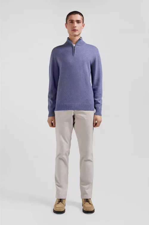Pull Col Cheminee 111 Laine & Coton 1/2 Zip Bleu Moyen