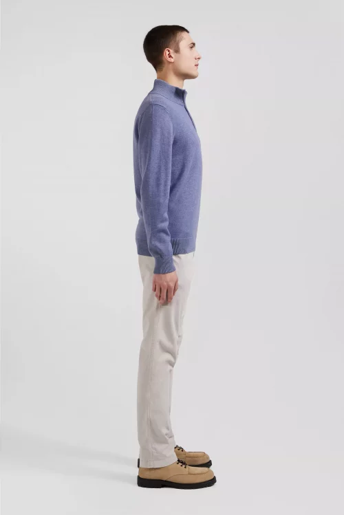 Pull Col Cheminee 111 Laine & Coton 1/2 Zip Bleu Moyen – Image 3