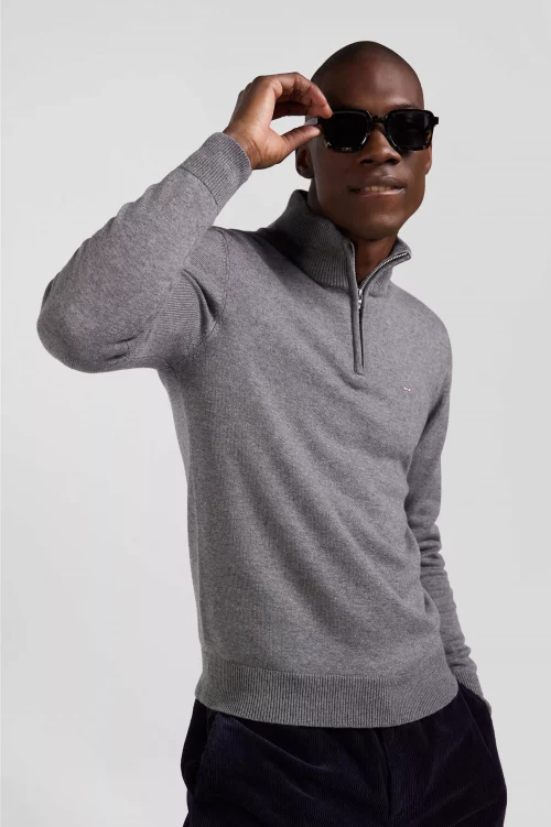 Pull Col Cheminee 111 Laine & Coton 1/2 Zip Gris Fonce