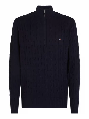 Pull Col Cheminee Torsade 1/2 Zip Bleu Fonce