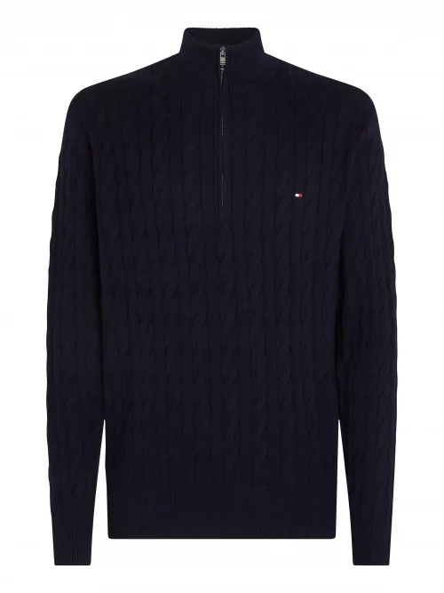Pull Col Cheminee Torsade 1/2 Zip Bleu Fonce
